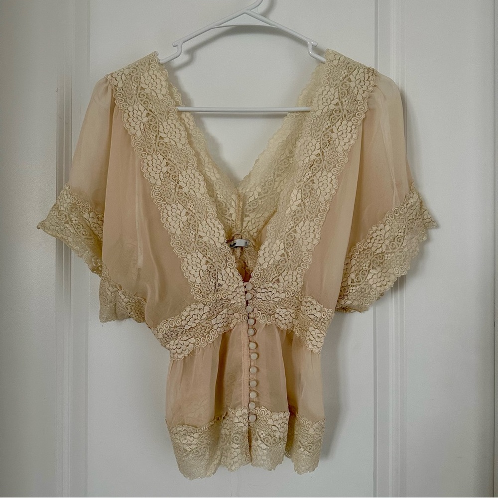 Tan lace sheer button up top